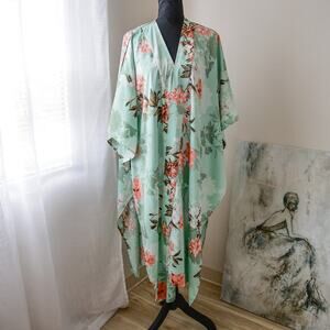 Nordstrom Satin Green and pink Floral kimono cover-up -One size